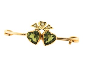 Vintage 9ct Peridot Double Heart Brooch